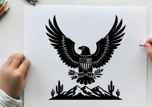 American eagle silhouette with shield and desert landscape