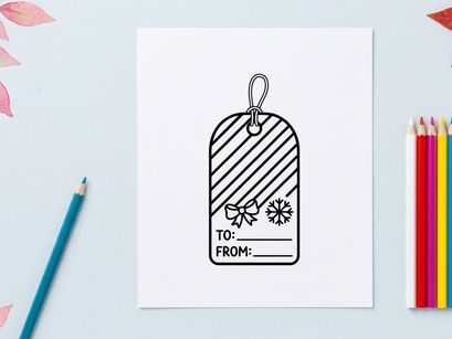 Schwarz-weißes Geschenkanhänger mit Schleife und Schneeflocken-Illustration