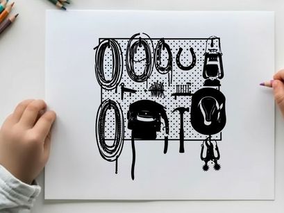 Silhouette of horse riding equipment on a pegboard silhouette