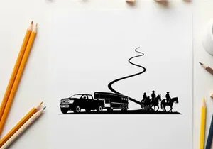 Silhouette of a truck towing a horse trailer with riders in a unique combination