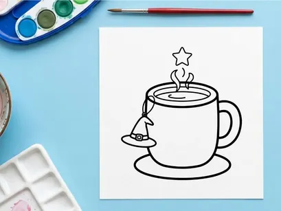 Halloween coffee mug coloring page. Witch hat icon with hot beverage line art illustration.
