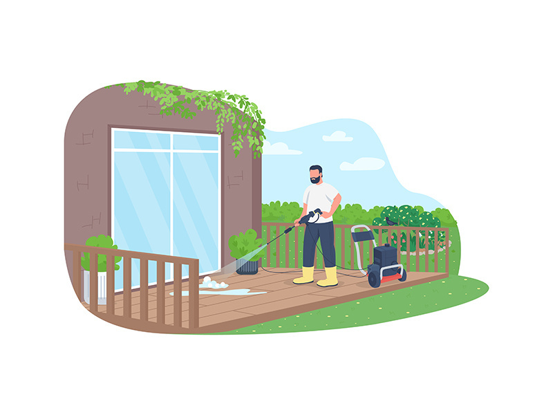 Deck cleaning with power wash gun 2D vector web banner, poster