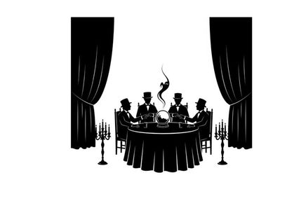 Silhouette of men in top hats gathered around a table with a dancing silhouette