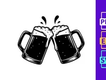 Cheering beer mugs clinking foam celebration vector illustration