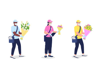 Couriers in mask and gloves with flowers flat color vector detailed character set preview picture