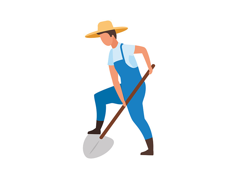 Farmer digging with shovel semi flat color vector character