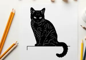 Silhouette of a black cat sitting on a ledge looking alert