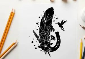 Silhouette of feather hummingbird and horseshoe with flowers and stars