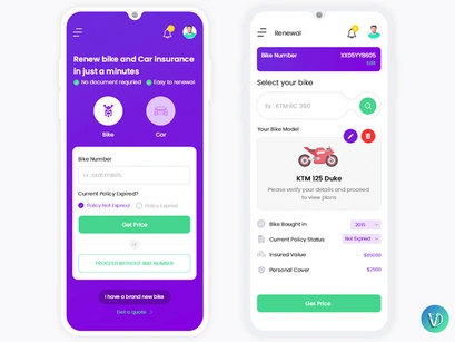 Buy Bike and Car Insurance online Mobile App UI Kit