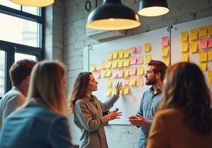 A team of creative designers are shown in a collaborative meeting.