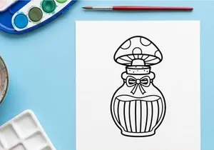 Hand-drawn vintage Halloween mushroom jar illustration. Whimsical cartoon toadstool container with ribbon for spooky decor.