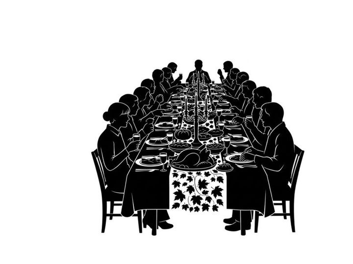 Silhouette of people sitting around a long table eating