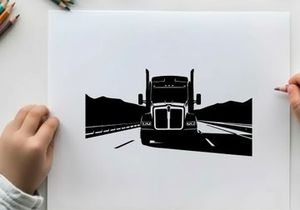 Silhouette of a semi truck driving on a highway with mountains
