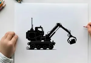 Silhouette of a heavy duty excavator machine in profile view