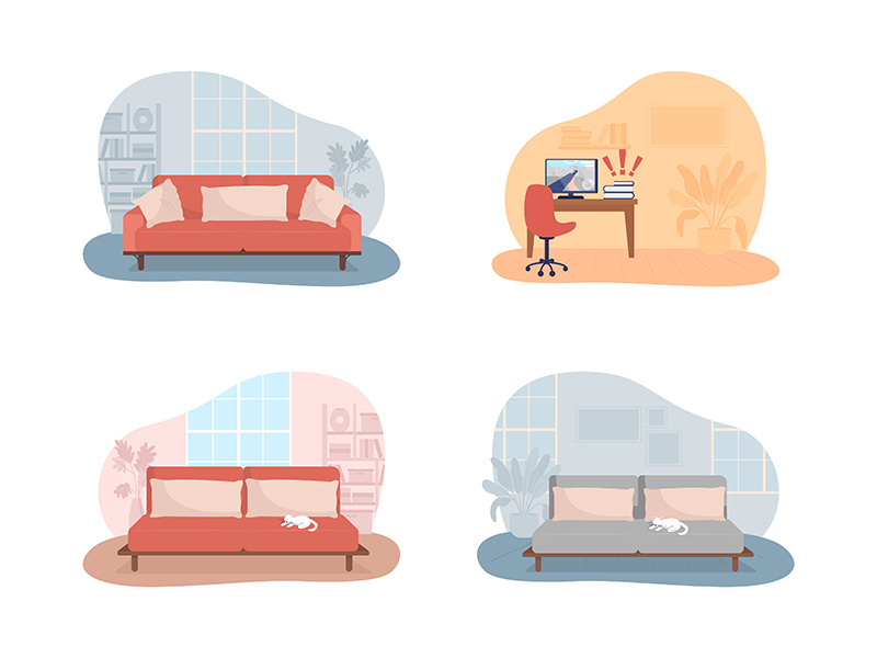 Living room and bedroom 2D vector isolated illustration