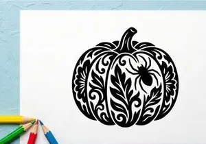Intricate Halloween Pumpkin Illustration with Floral and Leaf Details