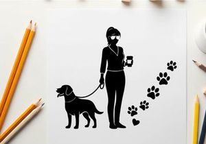 Silhouette of woman walking dog with coffee cup