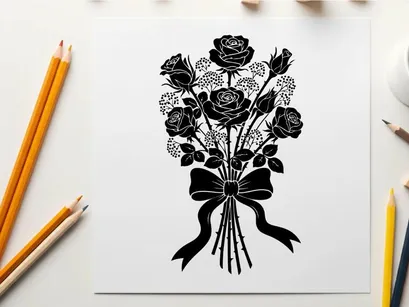 Silhouette of a bouquet of roses with a ribbon