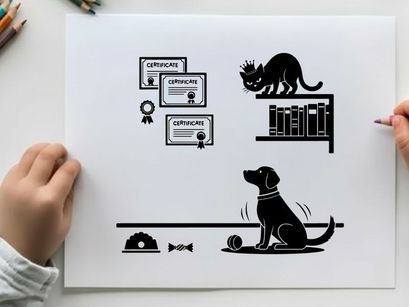 Silhouette of dog and cat with certificates and books