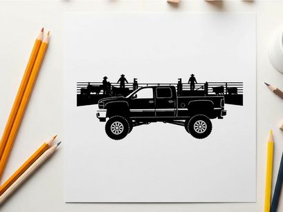 Silhouette of a pickup truck with people and cattle in a rural setting silhouette
