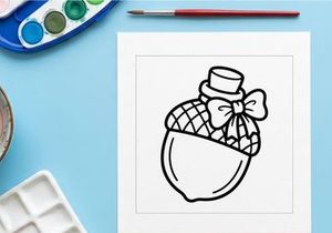 Süße Ausmalseite für Kinder. Handgezeichnete Herbst-Nuss-Illustration mit Schleife.