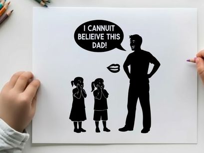 Silhouette of a father and children with shocked expressions and a speech bubble