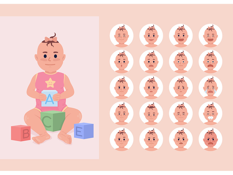 Emotional conditions of baby girl semi flat color character emotions set