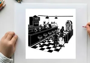 Black and white silhouette of a classic american diner interior scene