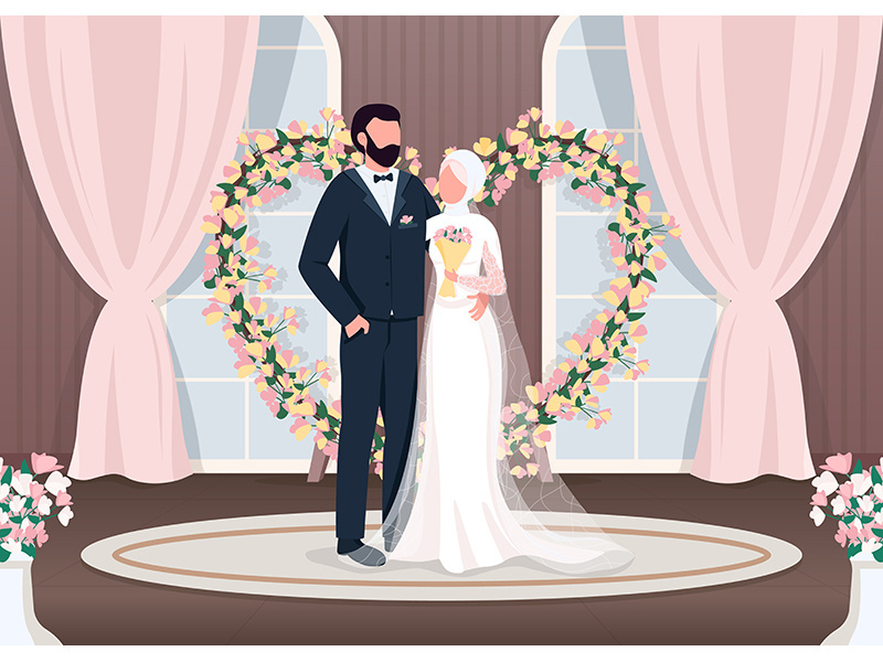 Muslim newlyweds flat color vector illustration