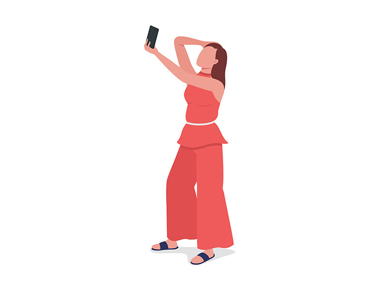 Woman taking selfie semi flat color vector character