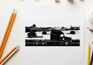 Silhouette of a semi truck driving through a rural landscape