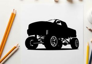 Silhouette of a large black monster truck on a white background