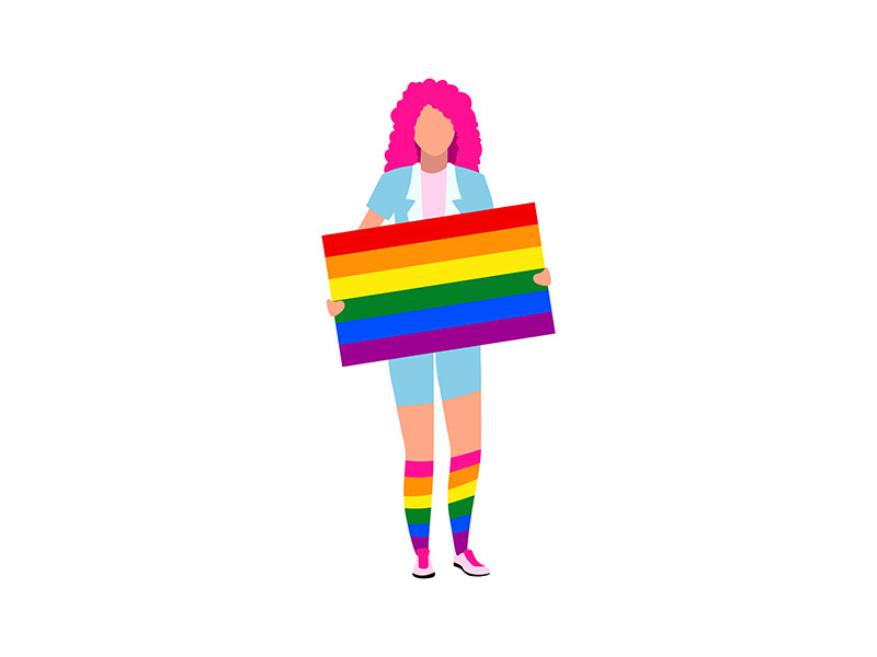 Young woman with rainbow placard semi flat color vector character