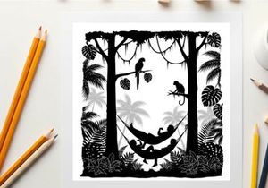 Silhouette of a tropical forest scene with people in a hammock