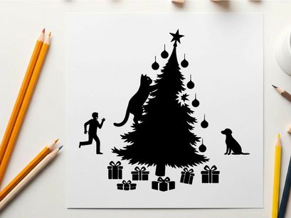 Christmas tree silhouette with cat dog and runner silhouette