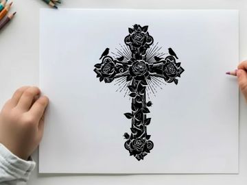 Silhouette of a cross with roses and birds preview picture
