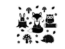 Whimsical forest creatures in silhouette with mushrooms and flowers