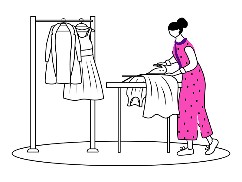 Ironing dresses, jackets flat contour vector illustration