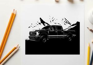 Silhouette of a pickup truck against a mountain range silhouette
