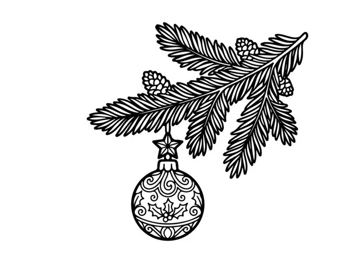 Hand-drawn Christmas ornament with pine branches and golden globe hanging for festive holiday decor