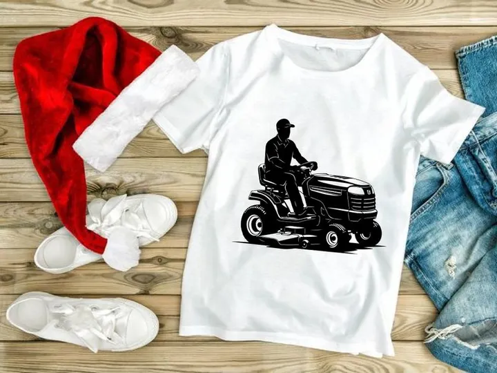 Man riding a lawn mower tractor in a black silhouette illustration
