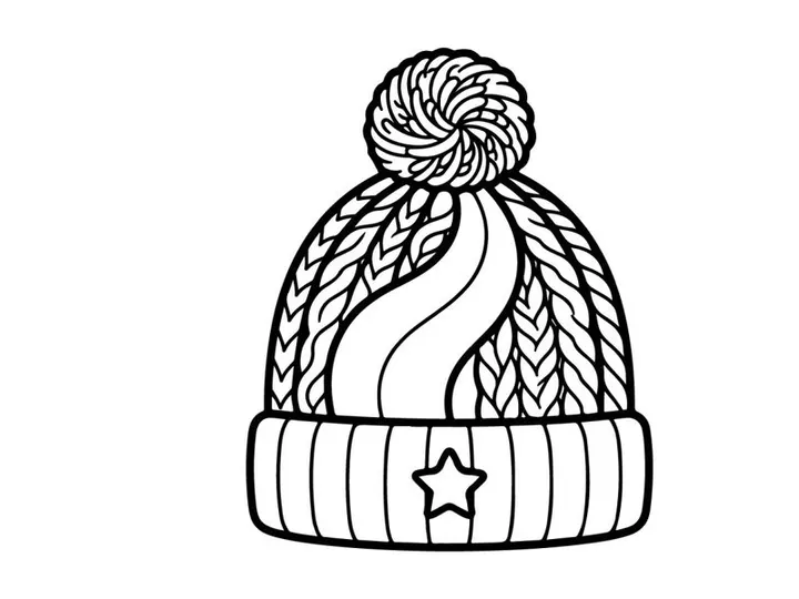 Winter knit beanie hat with pom pom and star icon, black and white coloring page design.