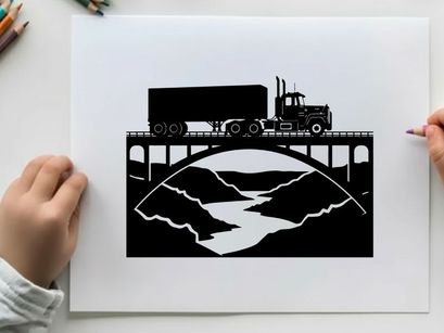 Truck silhouette crossing bridge over river with mountains silhouette
