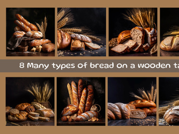 Many types of bread on a wooden table preview picture