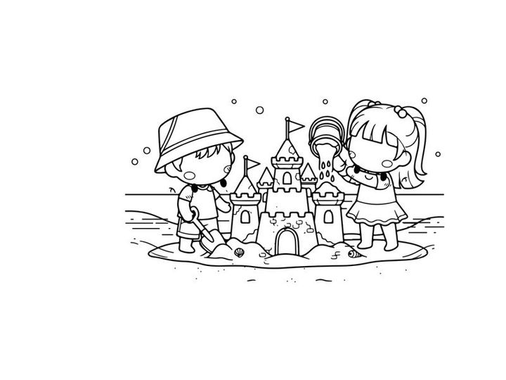 Kids building sandcastle beach fun flat design vector illustration