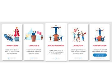 Political systems metaphors onboarding mobile app page screen vector template preview picture