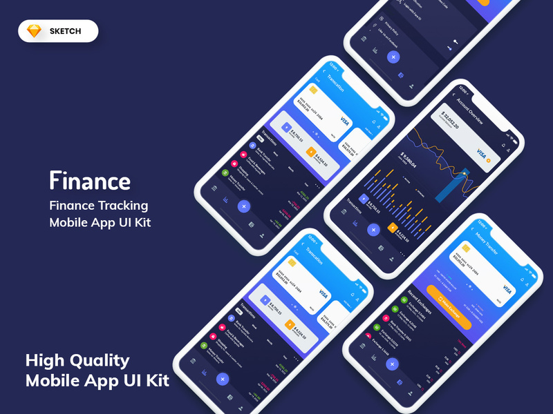 Finance Tracking Mobile App UI Kit Dark Version (SKETCH)