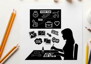 Silhouette of woman planning vision board with goals and inspiration