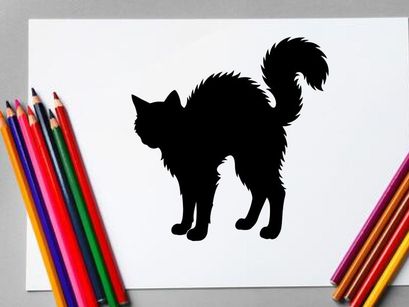 Silhouette of a Curious Cat with Fluffy Tail in Black