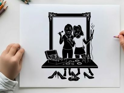 Two women admiring themselves in a large ornate mirror silhouette